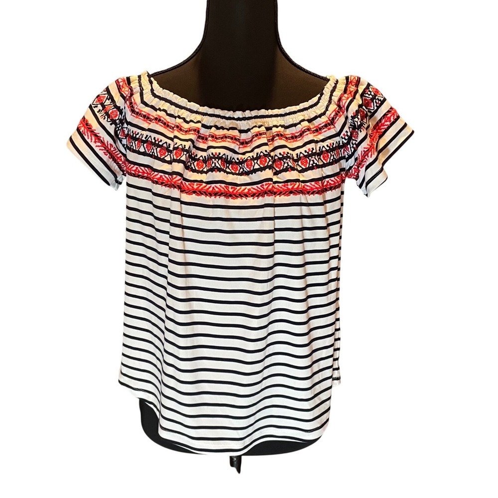 THML Womens Off The Shoulder Striped Embroidered Top Navy Red White Small‎ Boho